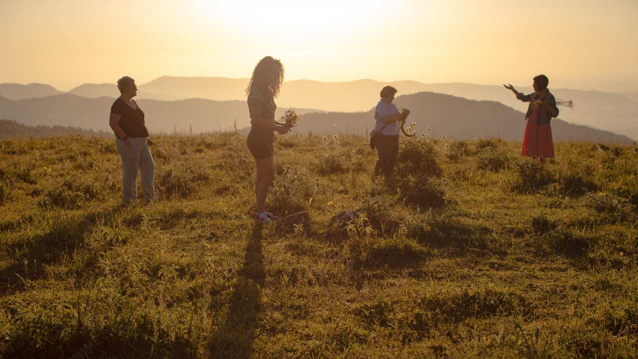 4 women holding flowers in a field at sunset
